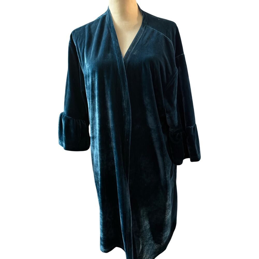Amaryllis Velvet Open Front Duster, Teal, Ruffle Sleeve Boho, Plus Size 2X/3X